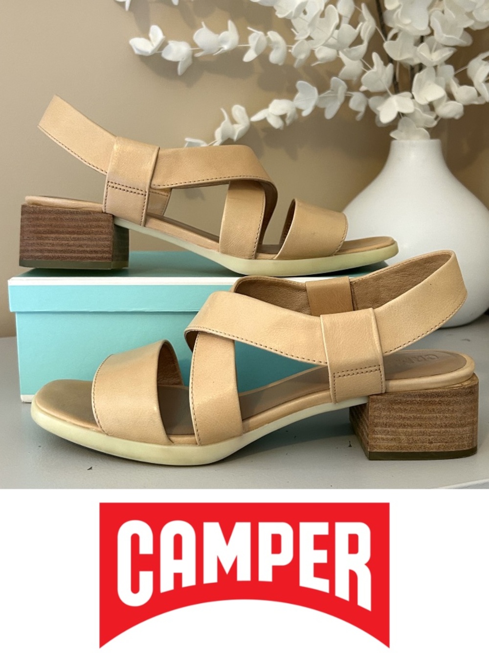 Camper Kobo Sandal Smooth Nude Leather Wood Block Heel Size 38